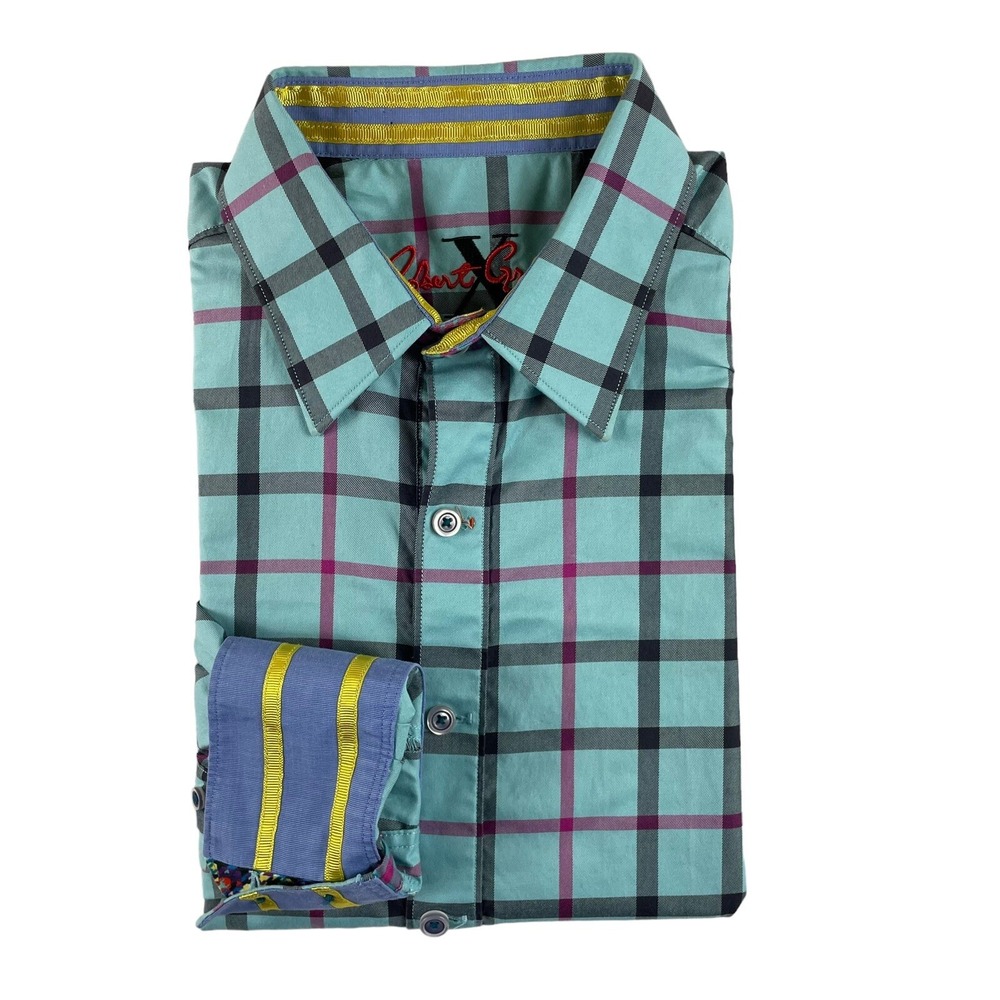 Robert Graham Mens Blue Purple Black Checked Flip Cuff Button Up Shirt Size M